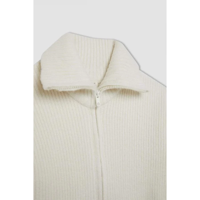 C6924 Triko Basic Dik Yaka Cepli Fermuarlı Ekru Okul Hırkası