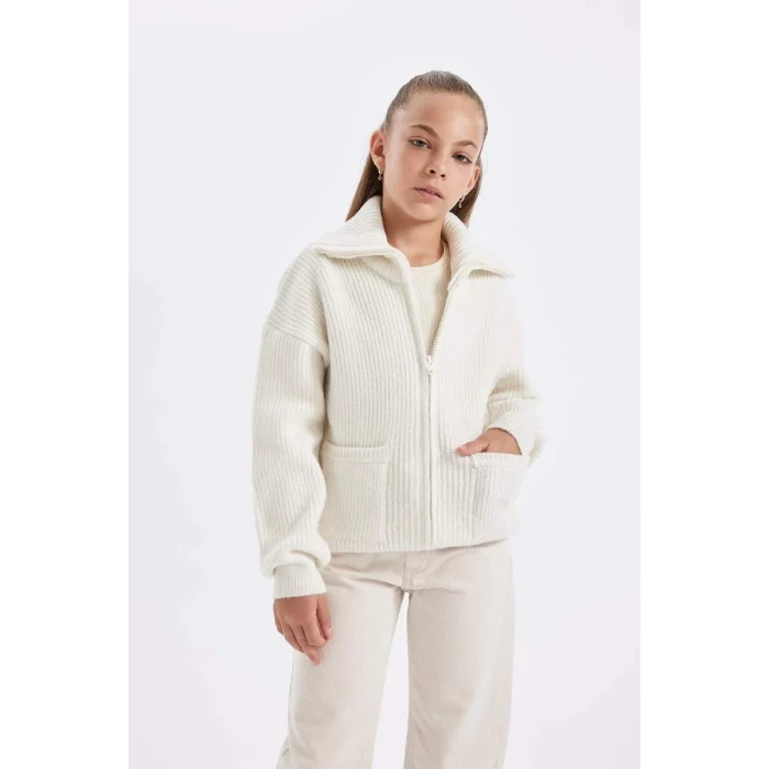 C6924 Triko Basic Dik Yaka Cepli Fermuarlı Ekru Okul Hırkası