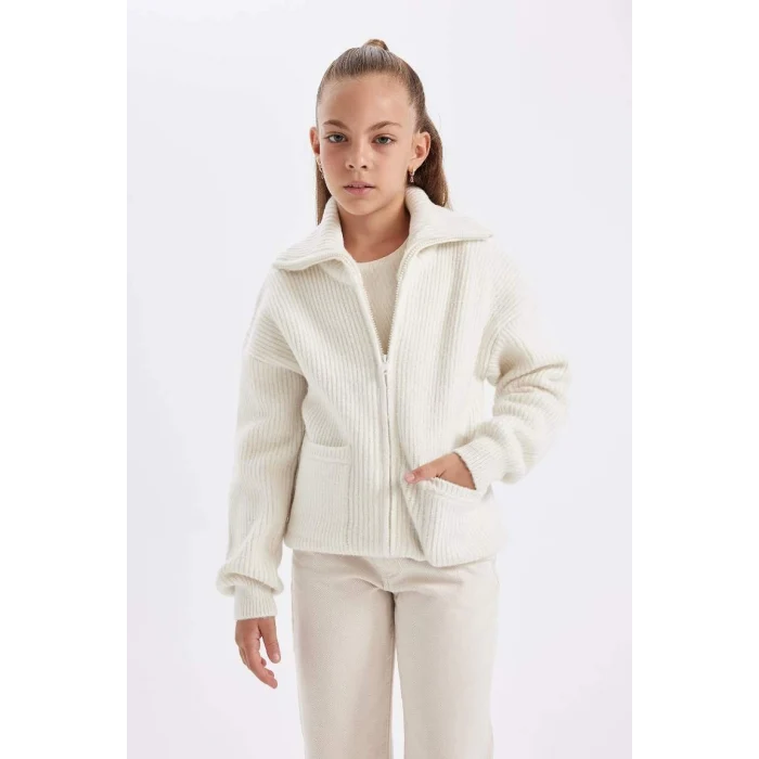 C6924 Triko Basic Dik Yaka Cepli Fermuarlı Ekru Okul Hırkası