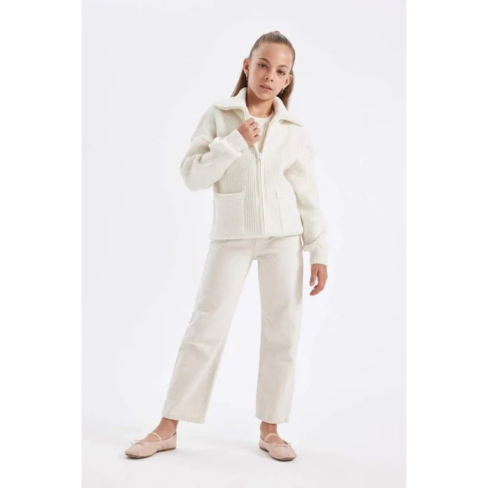 C6924 Triko Basic Dik Yaka Cepli Fermuarlı Ekru Okul Hırkası