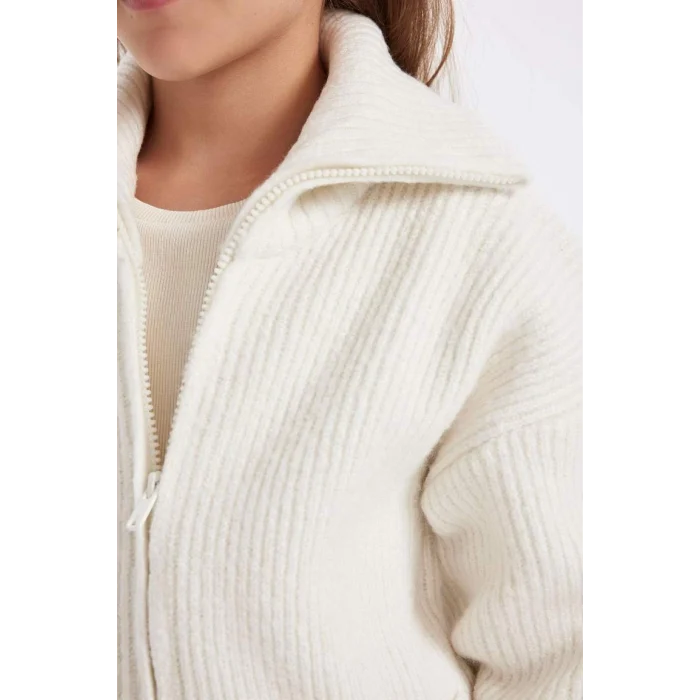 C6924 Triko Basic Dik Yaka Cepli Fermuarlı Ekru Okul Hırkası