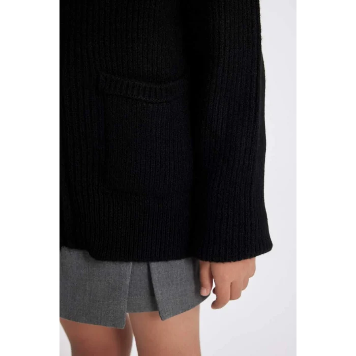 C6924 Triko Basic Dik Yaka Fermuarlı Cepli Siyah Okul Hırkası