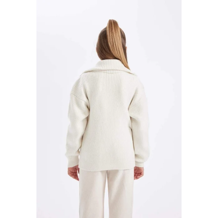 C6924 Triko Basic Dik Yaka Cepli Fermuarlı Ekru Okul Hırkası