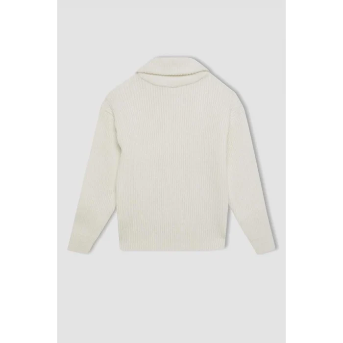 C6924 Triko Basic Dik Yaka Cepli Fermuarlı Ekru Okul Hırkası