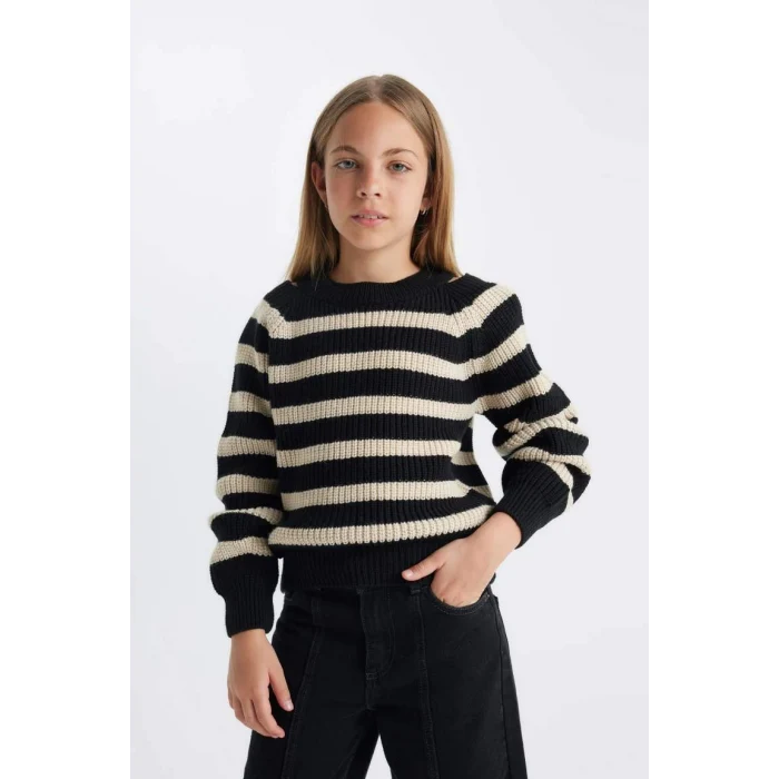 C6929 Standart Fit Çizgili Bisiklet Yaka Triko Kazak