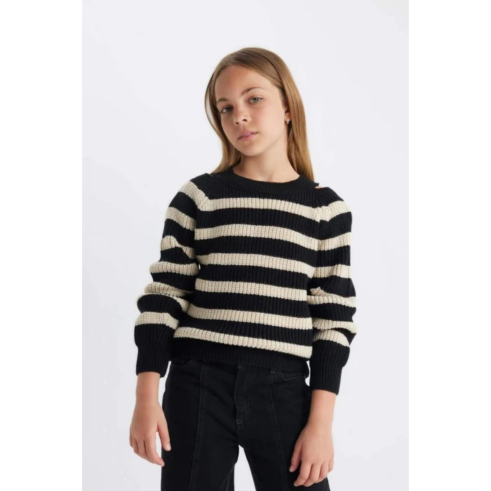 C6929 Standart Fit Çizgili Bisiklet Yaka Triko Kazak