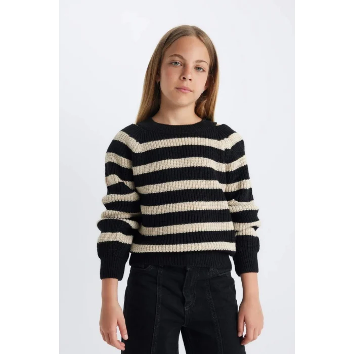 C6929 Standart Fit Çizgili Bisiklet Yaka Triko Kazak