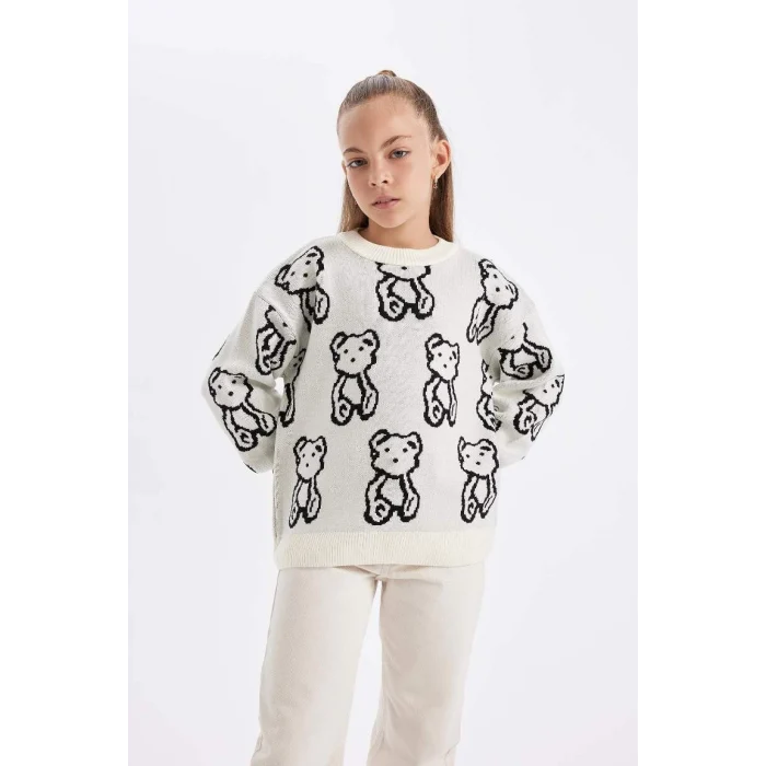 C6943 Oversize Geniş Kalıp Bisiklet Yaka Ayıcık Desenli Triko Kazak