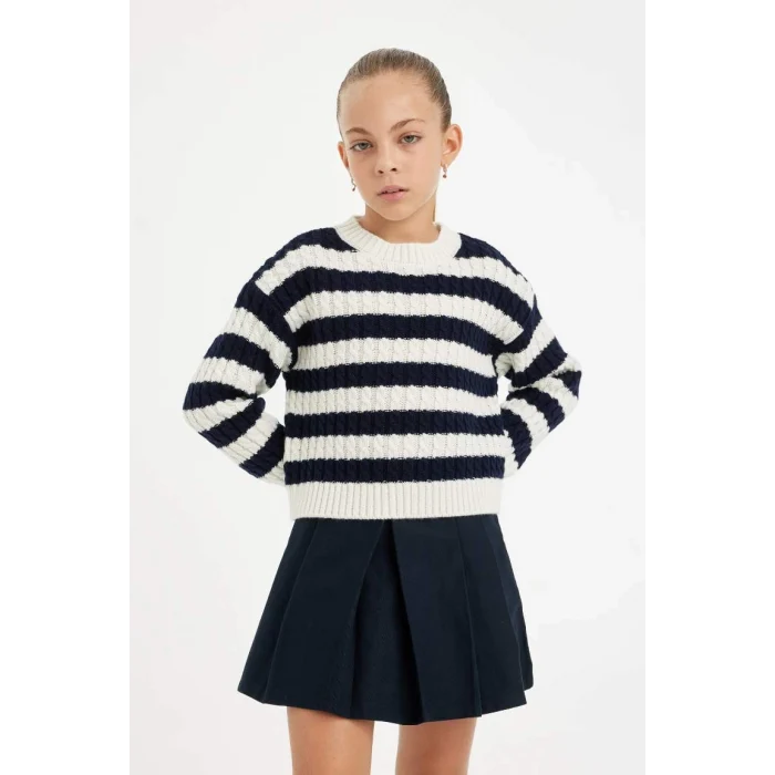 C6972 Standart Fit Çizgili Bisiklet Yaka Kazak