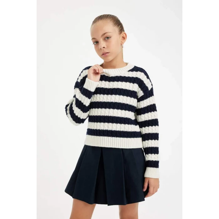 C6972 Standart Fit Çizgili Bisiklet Yaka Kazak