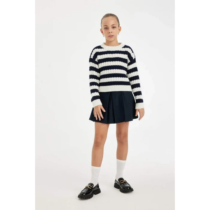 C6972 Standart Fit Çizgili Bisiklet Yaka Kazak