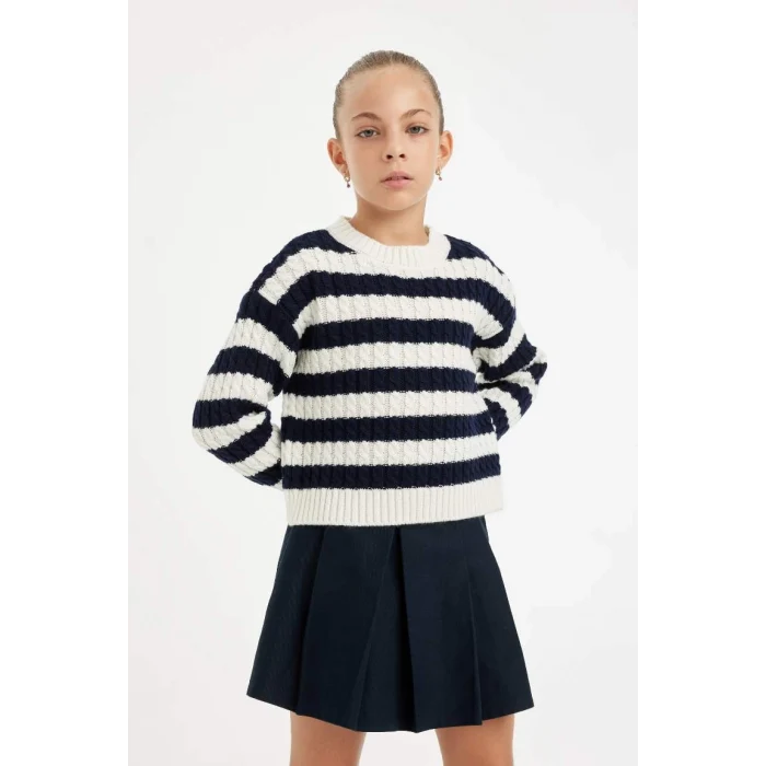 C6972 Standart Fit Çizgili Bisiklet Yaka Kazak