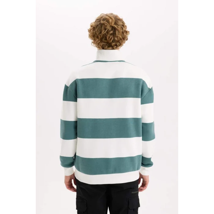 C7045 Boxy Fit Dik Yaka Yarım Fermuarlı Çizgili Sweatshirt