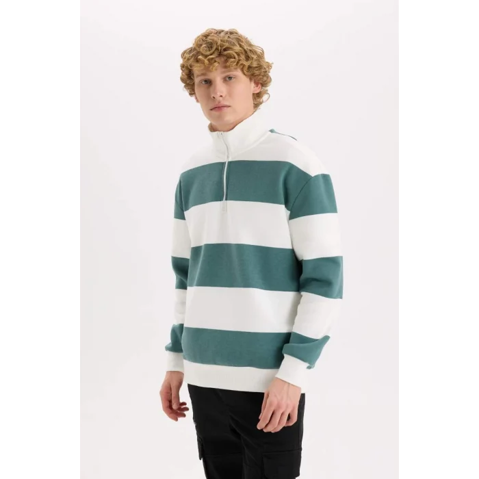 C7045 Boxy Fit Dik Yaka Yarım Fermuarlı Çizgili Sweatshirt