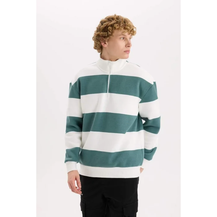 C7045 Boxy Fit Dik Yaka Yarım Fermuarlı Çizgili Sweatshirt