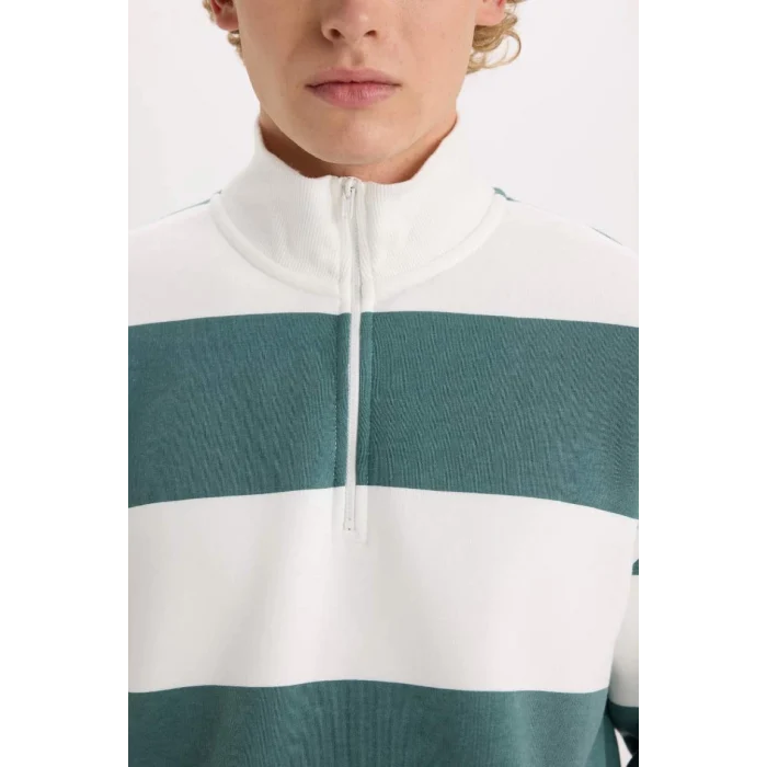 C7045 Boxy Fit Dik Yaka Yarım Fermuarlı Çizgili Sweatshirt