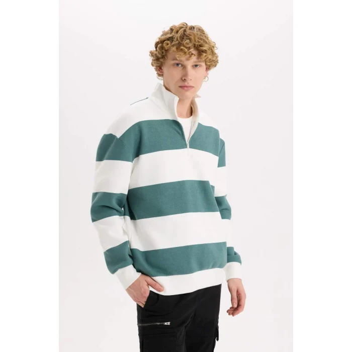C7045 Boxy Fit Dik Yaka Yarım Fermuarlı Çizgili Sweatshirt