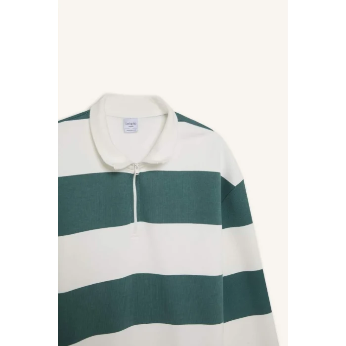 C7045 Boxy Fit Dik Yaka Yarım Fermuarlı Çizgili Sweatshirt