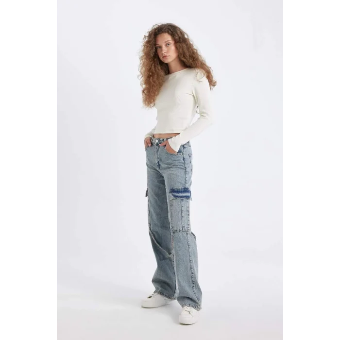C7325 Wide Leg Kargo Yüksek Bel Uzun Jean Yıkamalı Pantolon
