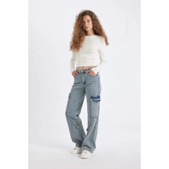 C7325 Wide Leg Kargo Yüksek Bel Uzun Jean Yıkamalı Pantolon