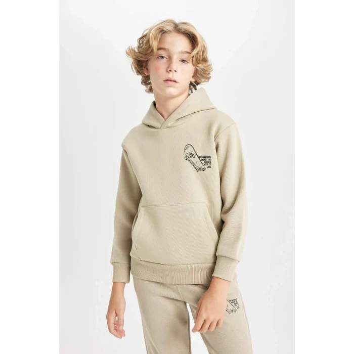 C7560 Bej Yazılı Baskılı Cepli Kapüşonlu Kalın Okul Sweatshirt
