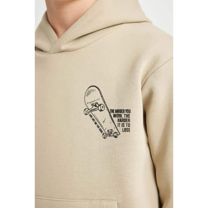 C7560 Bej Yazılı Baskılı Cepli Kapüşonlu Kalın Okul Sweatshirt
