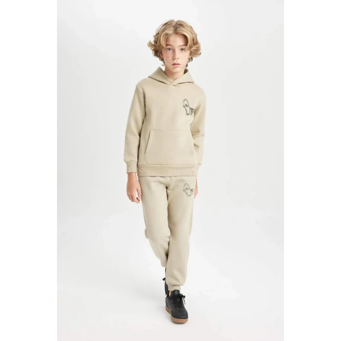 C7560 Bej Yazılı Baskılı Cepli Kapüşonlu Kalın Okul Sweatshirt