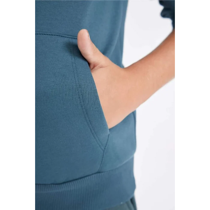 C7560 Koyu Yeşil Yazı Baskılı Cepli Kapüşonlu Kalın Okul Sweatshirt