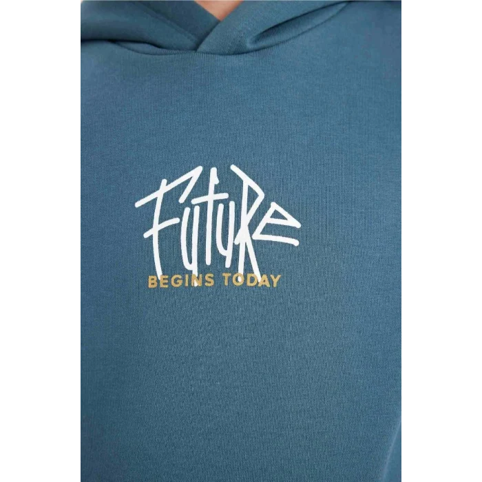 C7560 Koyu Yeşil Yazı Baskılı Cepli Kapüşonlu Kalın Okul Sweatshirt