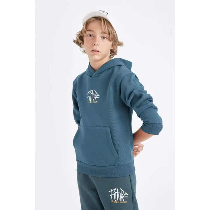 C7560 Koyu Yeşil Yazı Baskılı Cepli Kapüşonlu Kalın Okul Sweatshirt