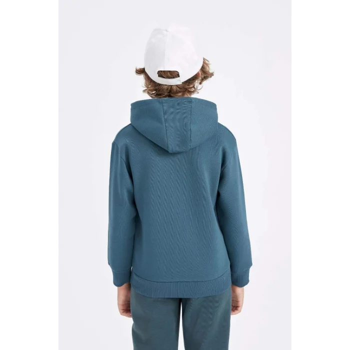 C7560 Koyu Yeşil Yazı Baskılı Cepli Kapüşonlu Kalın Okul Sweatshirt