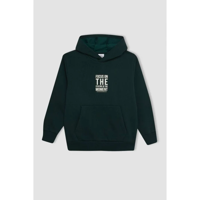 C7567 Koyu Yeşil Cepli Yazı Baskılı Kapüşonlu Kalın Okul Sweatshirt