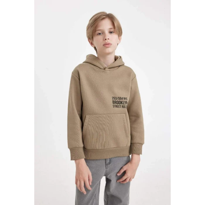 C7567 Cepli Yazı Baskılı Kapüşonlu Kalın Okul Sweatshirt