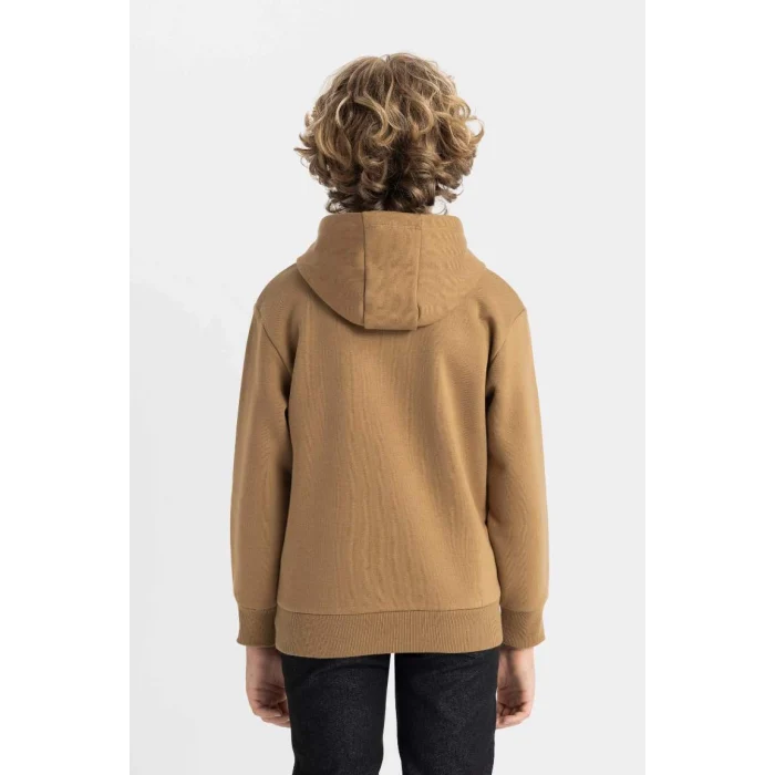 C7567 Kahverengi Cepli Yazı Baskılı Kapüşonlu Kalın Okul Sweatshirt