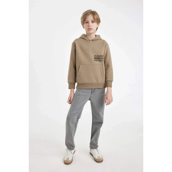 C7567 Cepli Yazı Baskılı Kapüşonlu Kalın Okul Sweatshirt