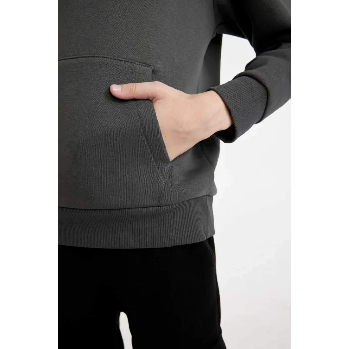 C7567 Antrasit Cepli Yazı Baskılı Kapüşonlu Kalın Okul Sweatshirt