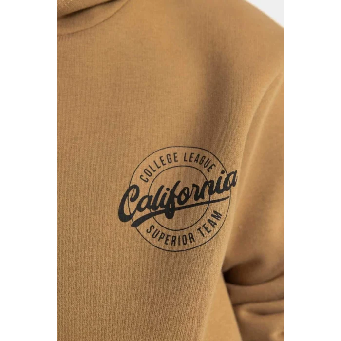 C7567 Kahverengi Cepli Yazı Baskılı Kapüşonlu Kalın Okul Sweatshirt
