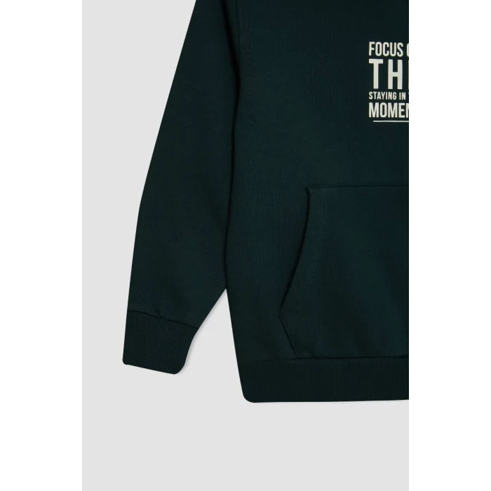 C7567 Koyu Yeşil Cepli Yazı Baskılı Kapüşonlu Kalın Okul Sweatshirt