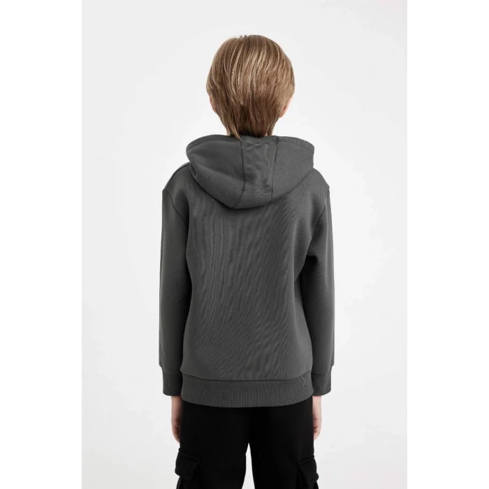 C7567 Antrasit Cepli Yazı Baskılı Kapüşonlu Kalın Okul Sweatshirt