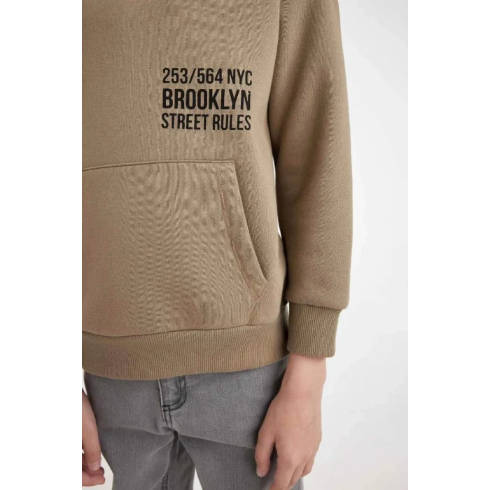 C7567 Cepli Yazı Baskılı Kapüşonlu Kalın Okul Sweatshirt