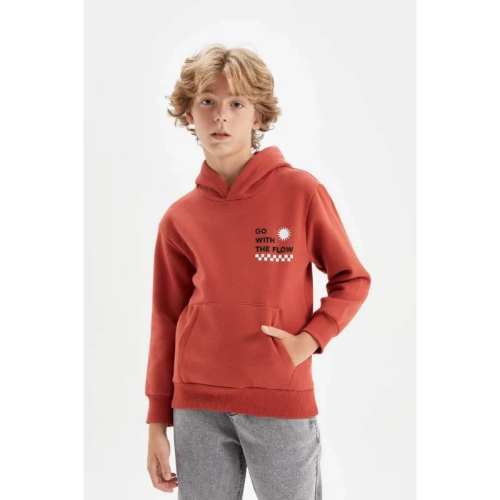 C7567 Turuncu Cepli Yazı Baskılı Kapüşonlu Kalın Okul Sweatshirt