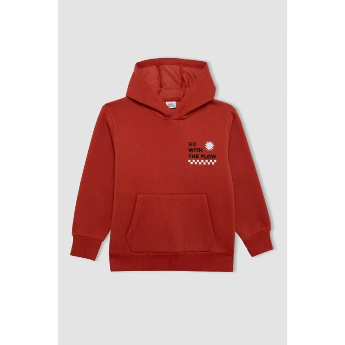 C7567 Turuncu Cepli Yazı Baskılı Kapüşonlu Kalın Okul Sweatshirt