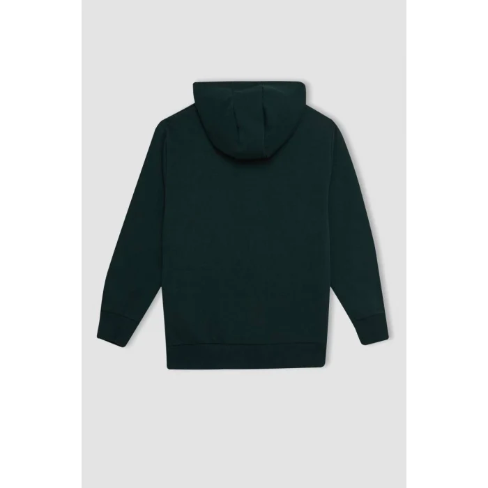C7567 Koyu Yeşil Cepli Yazı Baskılı Kapüşonlu Kalın Okul Sweatshirt