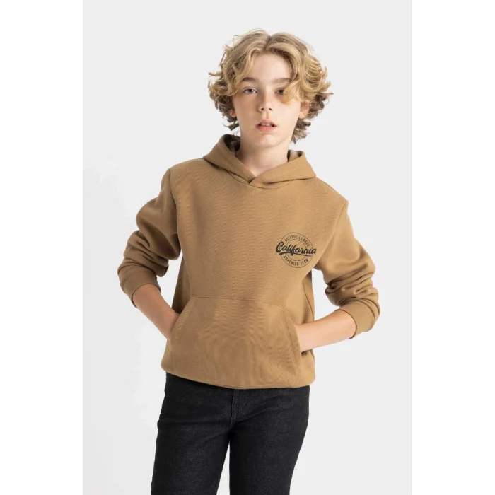 C7567 Kahverengi Cepli Yazı Baskılı Kapüşonlu Kalın Okul Sweatshirt