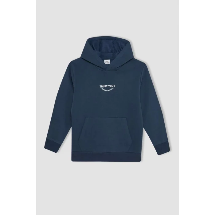 C7567 Lacivet Cepli Yazı Baskılı Kapüşonlu Kalın Okul Sweatshirt