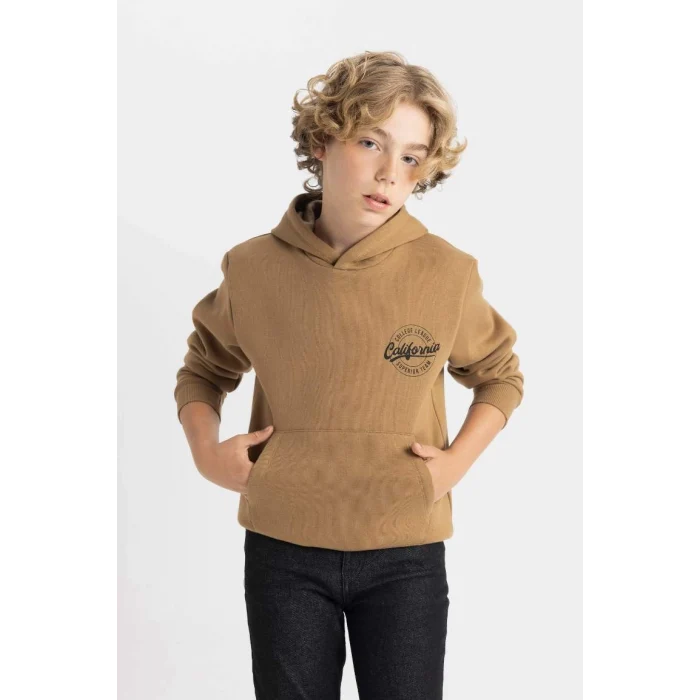 C7567 Kahverengi Cepli Yazı Baskılı Kapüşonlu Kalın Okul Sweatshirt
