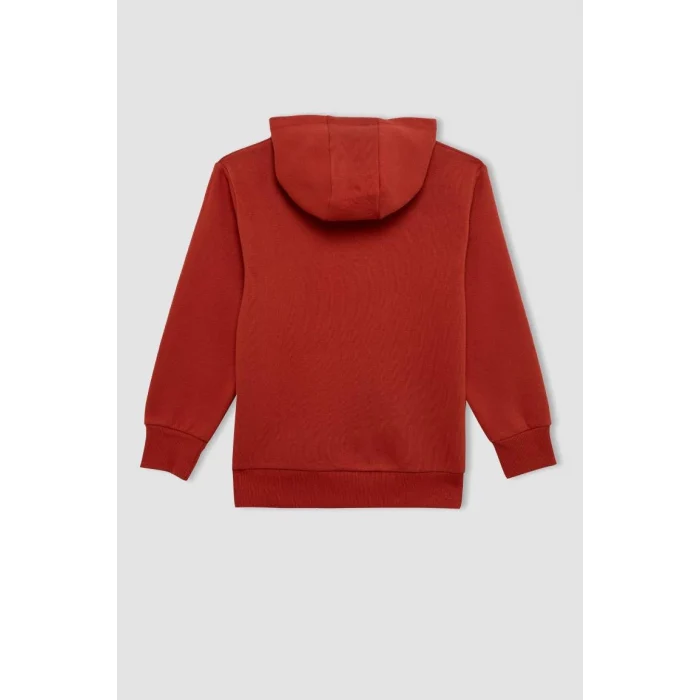 C7567 Turuncu Cepli Yazı Baskılı Kapüşonlu Kalın Okul Sweatshirt