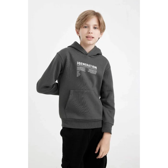 C7567 Antrasit Cepli Yazı Baskılı Kapüşonlu Kalın Okul Sweatshirt