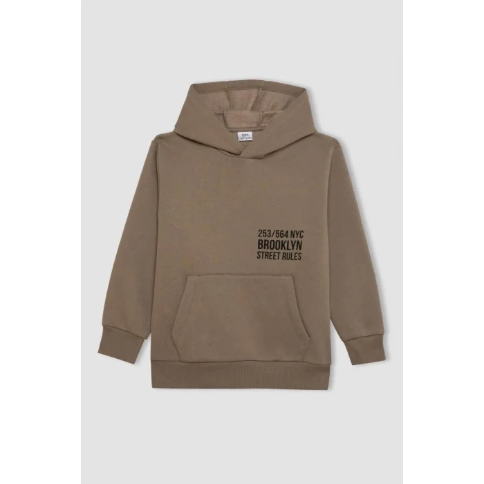 C7567 Cepli Yazı Baskılı Kapüşonlu Kalın Okul Sweatshirt