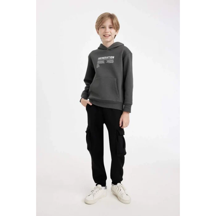 C7567 Antrasit Cepli Yazı Baskılı Kapüşonlu Kalın Okul Sweatshirt